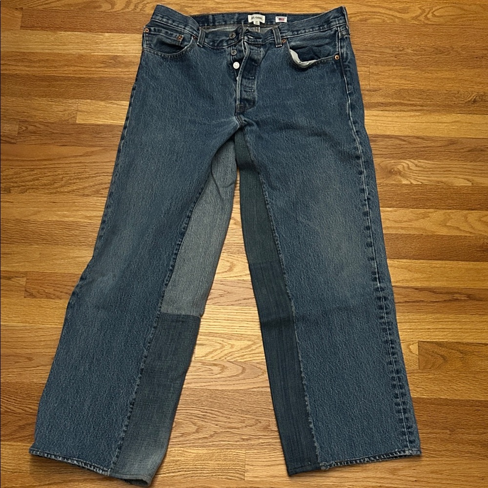 Re/Done Men's Two-Tone Blue Patchwork Relaxed Jeans
